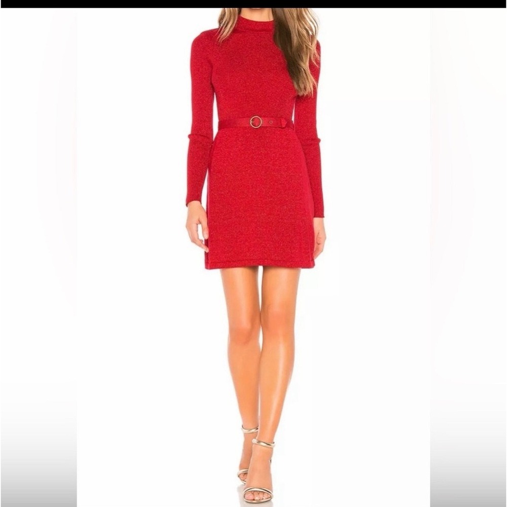 Free People Red Metallic Lurex Mock Neck Belted Ribbed Sweater Mini Dress Small